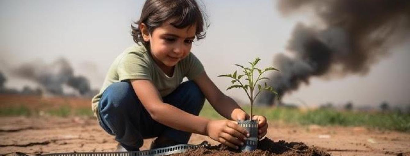 A child planting a seedling on a bomb site