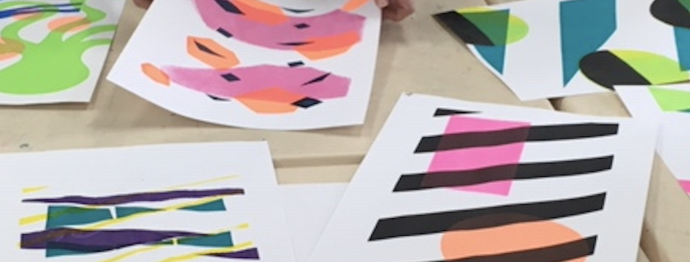 A selection of stencil screen prints featuring a range of abstract shapes in different colours