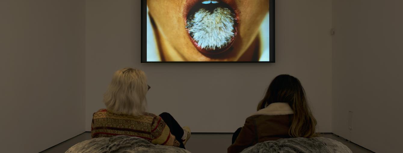 Installation view of The Traumatic Surreal at Henry Moore Institute, 22 November 2024 – 16 March 2025, showing Bady Minck still from La Belle est la Bête / Beauty is the Beast 2005 © Bady Minck, AUT/LUX/NED 2005, sixpackfilm. Photo: John McKenzie