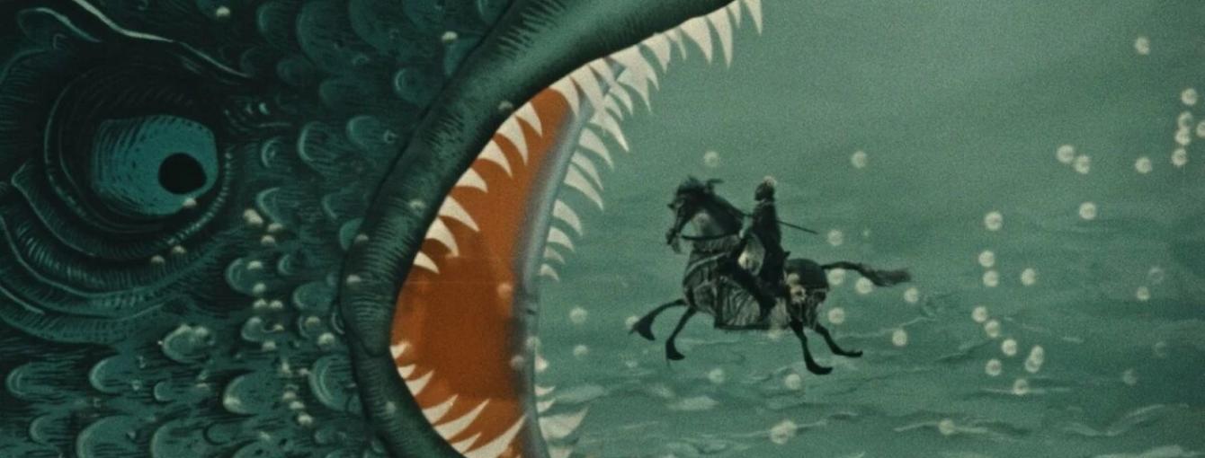 A man on a seahorse underwater swims into the gaping jaws of a monstrous fish creature. 