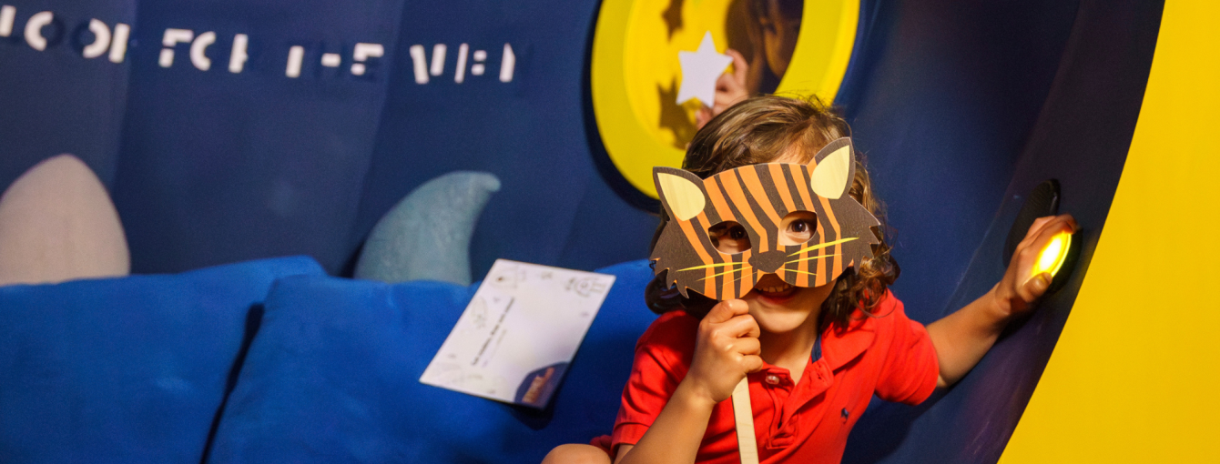 A child wearing a tiger mask.