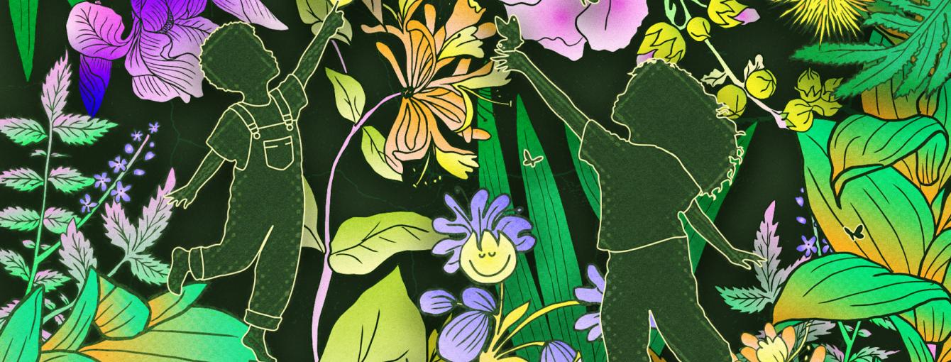 an illustrated image of children playing amongst flowers in an abstract pattern